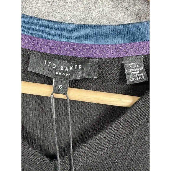Ted Baker Sweater Mens 2XL Black Wool V Neck Textured Detail Lightweight NWT - Picture 3 of 16